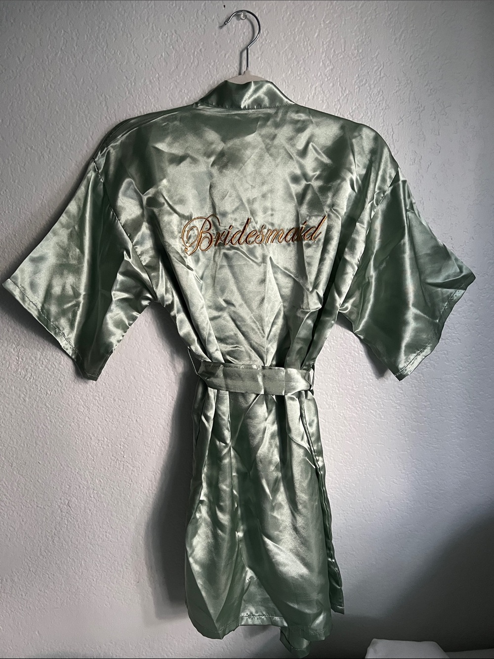 Sage Green Satin Bridesmaid Robe with Gold Embroidery